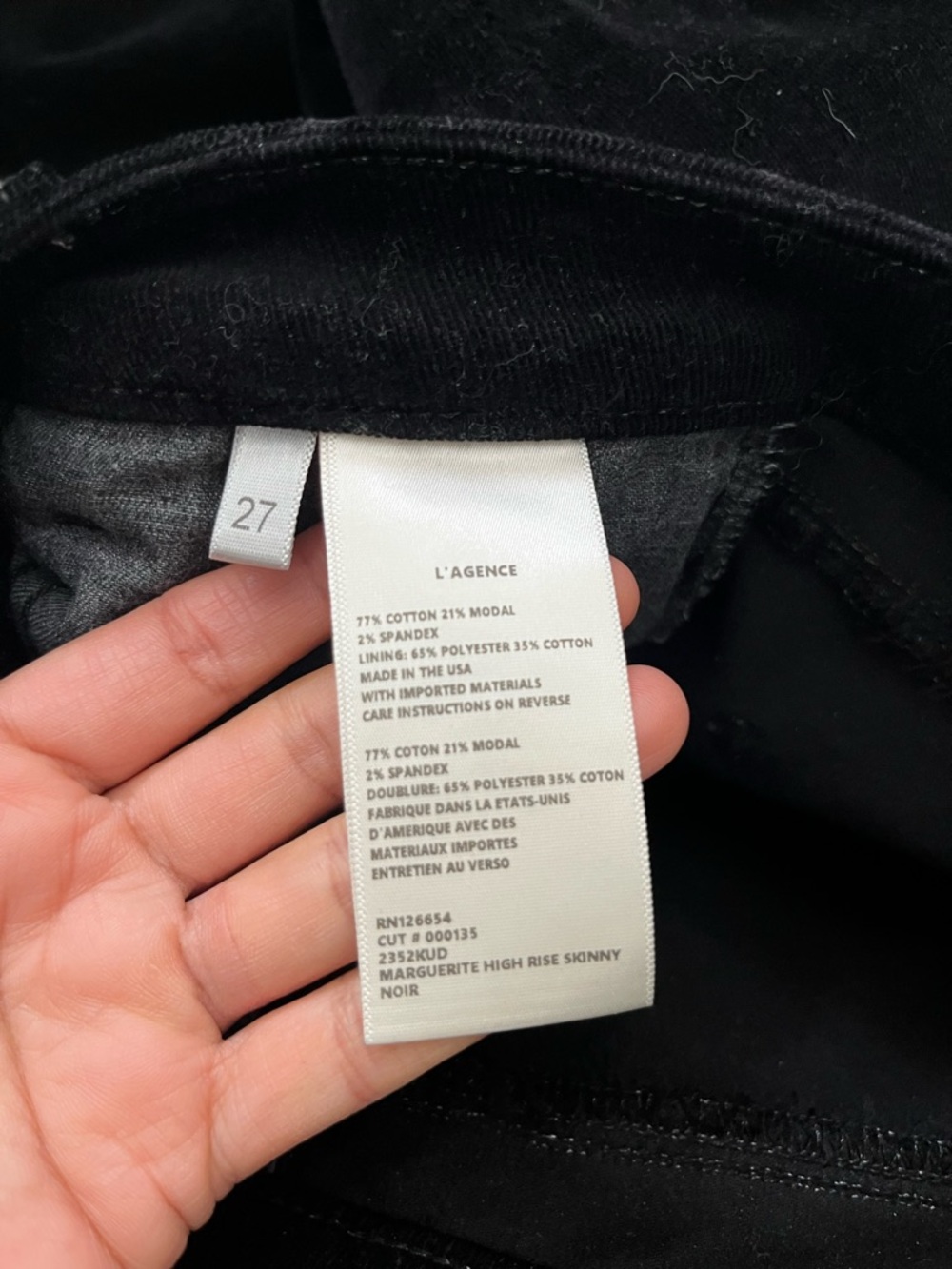L'AGENCE Marguerite High Rise Skinny Velvet Noir Black Jeans 27 - Picture 11 of 15